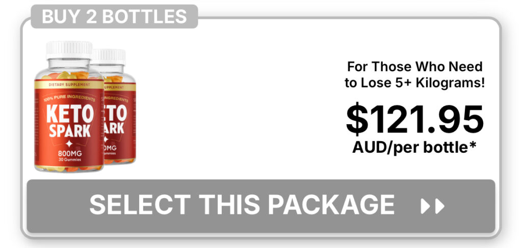 An offer box showing a two-bottle package of Keto Spark for those aiming to lose 5+ kilograms, priced at $121.95 AUD per bottle.