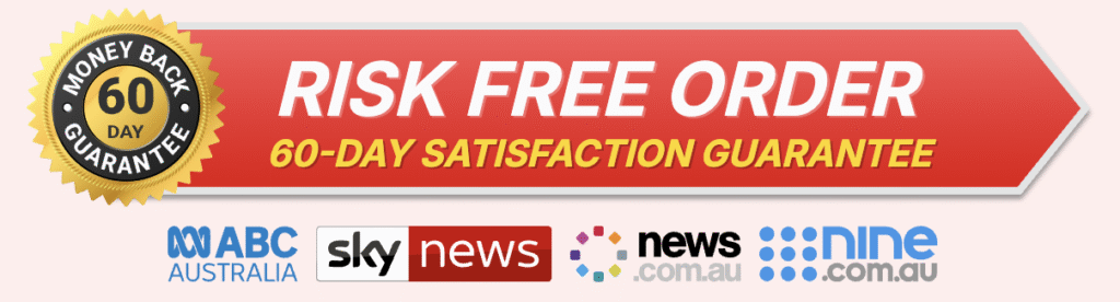 A trust bar for Keto Spark with a 60-day money-back guarantee seal and logos of Australian news outlets like ABC and Sky News.