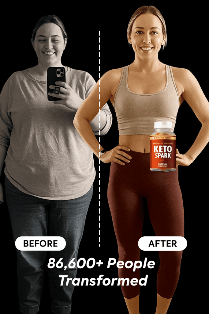 A "before and after" image of a woman, showing significant weight loss transformation with Keto Spark, indicating 86,600+ people transformed.