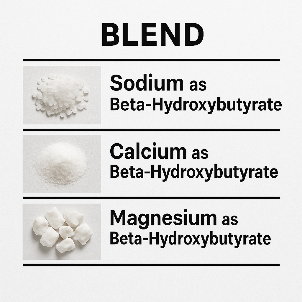A visual list of the core ingredients in Keto Spark: Sodium, Calcium, and Magnesium Beta-Hydroxybutyrate.
