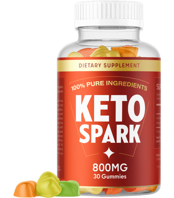 A bottle of Keto Spark gummies, a keto dietary supplement, showing its label and fruit-flavoured gummies scattered below.